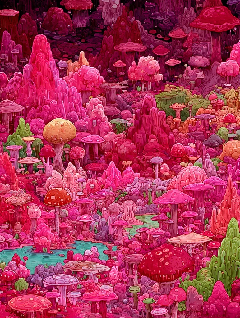 A vibrant, surreal landscape teeming with an abundance of pink and red mushrooms of varying sizes and shapes.  The mushrooms form a dense forest, with taller, oddly-shaped fungal formations resembling mountains.  A small teal pond is nestled within the mushroom forest, adding a contrasting cool tone to the overwhelmingly warm palette. The overall style is whimsical and fantastical.