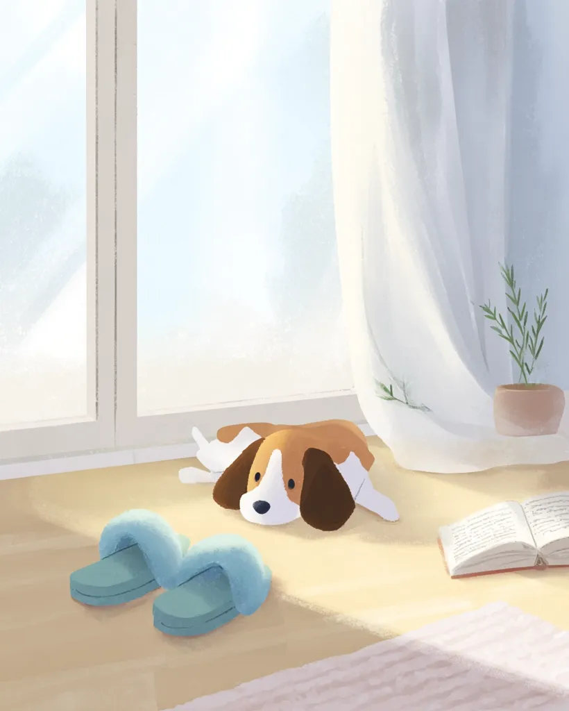 Sunlight streams through a window draped with sheer curtains, illuminating a cozy room. A beagle plush toy lies resting on the floor near a pair of fluffy slippers. A small potted plant and an open book add to the peaceful, serene atmosphere. The overall style is soft and whimsical, evoking a feeling of calm and relaxation.