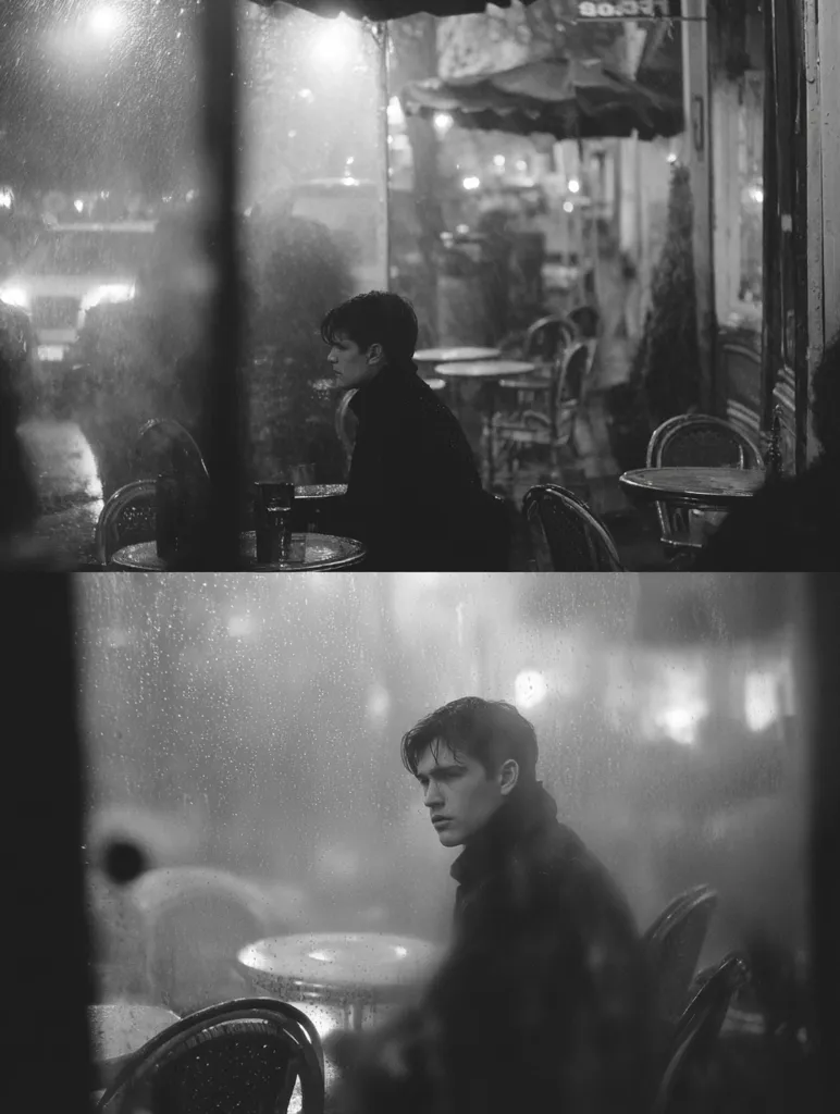 A black and white diptych captures a young man seated alone at an outdoor cafe, rain falling on the windows.  The first image shows him in profile, contemplative. The second, from a slightly different angle, reveals his face, conveying a pensive mood.  Both photos emphasize the atmosphere of a rainy evening in a Parisian-style setting, with blurred lights and rain-streaked glass creating a melancholic ambiance.