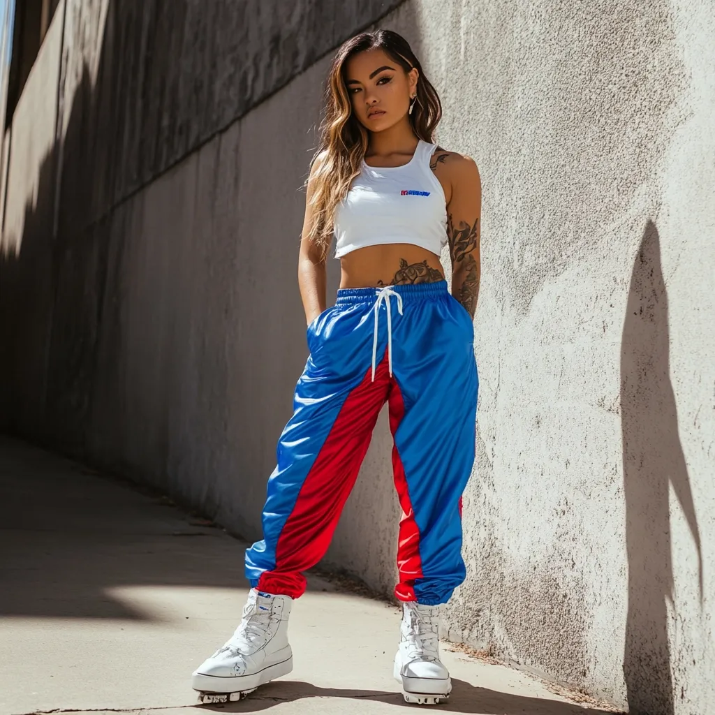 A young woman with long brown hair stands against a textured wall. She's wearing a white crop top, vibrant red and blue color-blocked track pants, and white high-top sneakers. Her style is sporty and fashionable, with subtle tattoos visible on her arms. The image is sharply focused, showcasing her confident pose and bold outfit choices.  The setting appears to be an urban outdoor location.