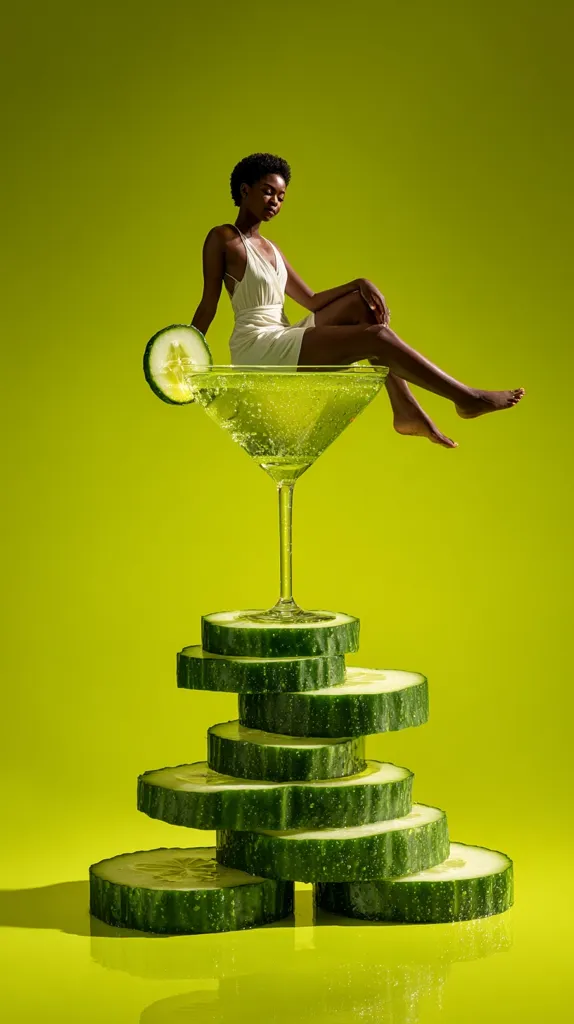 A young Black woman in a white dress sits inside a large martini glass filled with a vibrant green liquid.  The glass rests atop a stack of thick cucumber slices against a bright yellow backdrop.  The image is a surreal and stylized representation of refreshment and summer.  The cucumber slices add a playful, organic element to the scene.
