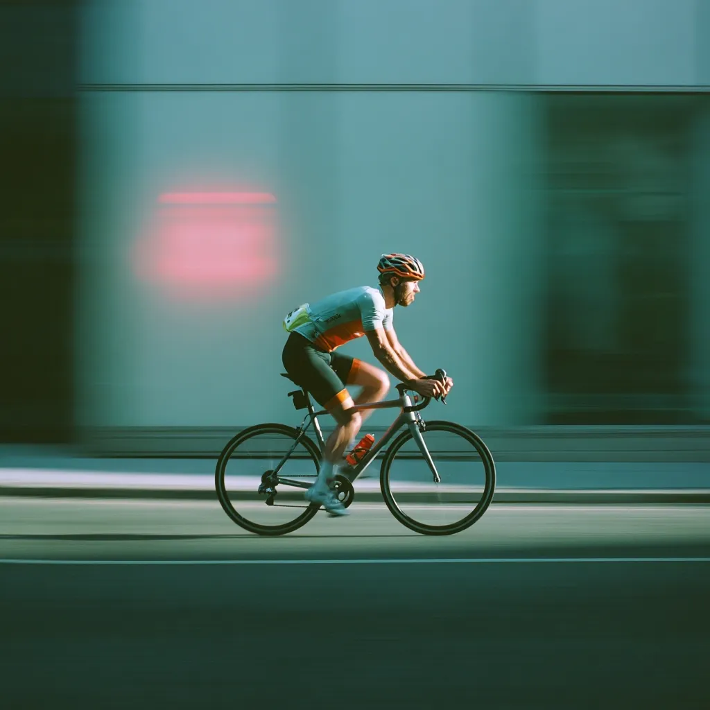 A cyclist in a teal and orange cycling kit speeds along a road, the background blurred to emphasize his motion. He's wearing a helmet and is focused on the road ahead. The scene is bathed in a muted, sun-drenched light, with a pinkish hue in the distance. The overall impression is one of speed and focused energy.