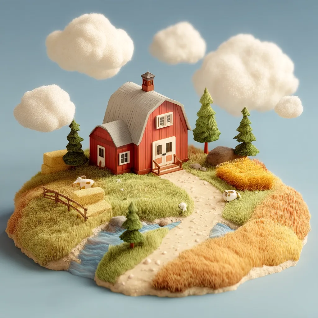 A charming miniature farm scene features a red barn with a gray roof, nestled on a grassy island.  A small stream winds through the island, past hay bales and miniature cows.  Fluffy clouds float above, adding to the idyllic, whimsical setting.  Evergreen trees and a sandy path complete the picturesque composition.