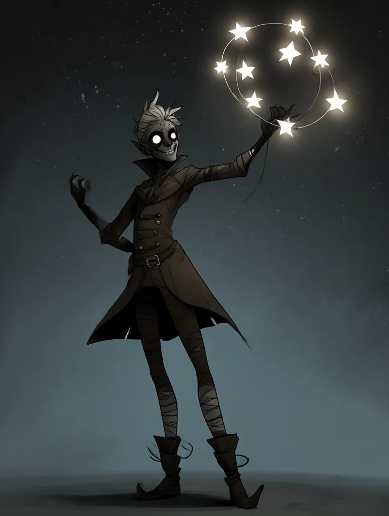 A stylized illustration depicts a pale, slender figure with pointed ears and glowing eyes, clad in a dark coat and tattered leggings.  They hold aloft a circular arrangement of glowing stars, seemingly strung together. The character's expression is one of mischievous glee against a dark, night sky backdrop. The overall aesthetic is dark fantasy, with a whimsical touch.