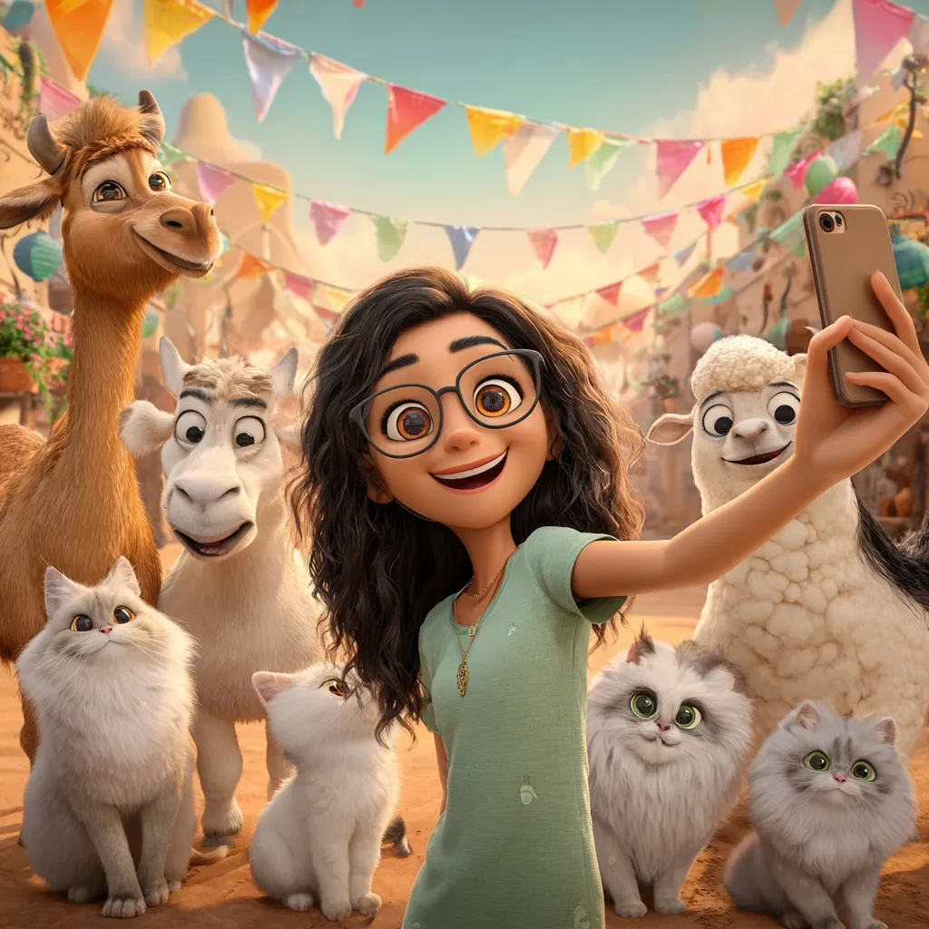 A cheerful animated girl with glasses takes a selfie surrounded by adorable animals.  Two fluffy cats, a sheep, and two llama-like creatures flank her.  Colorful festive bunting hangs in the background, suggesting a celebratory atmosphere. The scene is bright and vibrant, with a charming, whimsical style.