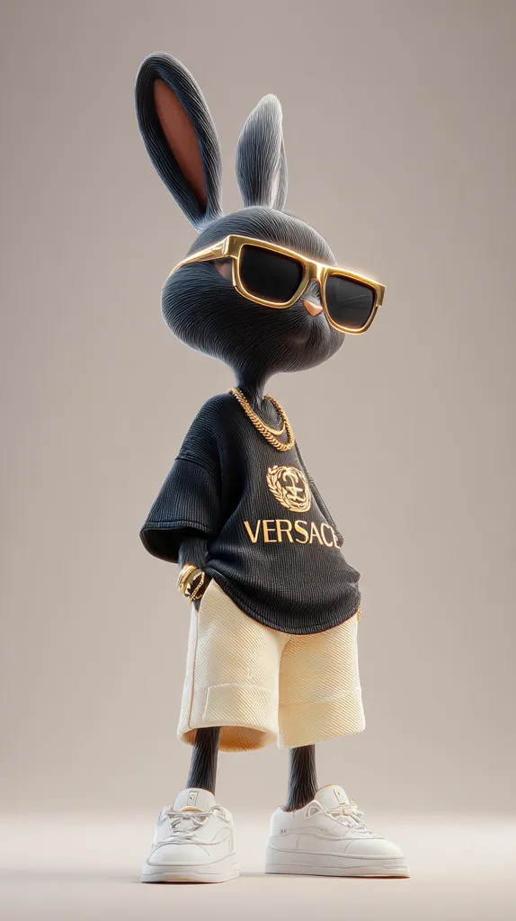 A stylish 3D-rendered rabbit rocks gold-framed sunglasses, a black Versace shirt, and cream-colored shorts.  It sports a gold chain and crisp white sneakers, presenting a cool and fashionable urban aesthetic. The rabbit's pose and attire exude a confident, hip-hop inspired vibe.  The image is rendered with high detail and realistic textures.