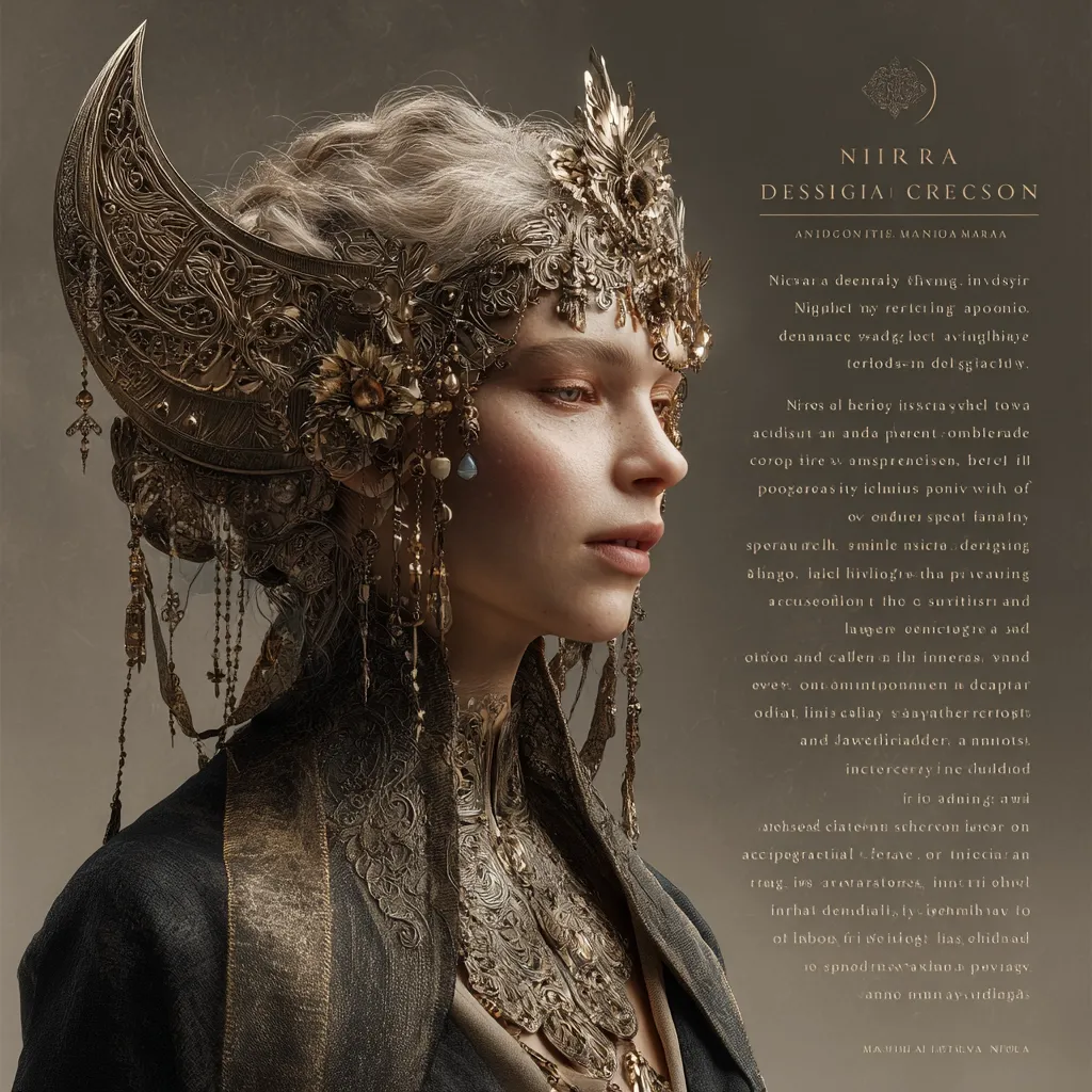 A portrait of a woman adorned in an elaborate, gold headpiece resembling horns and intricate jewelry.  The headdress is highly detailed, with floral and leaf motifs. The woman's pale skin and serene expression contrast with the ornate, dark clothing.  The image has a fantasy or artistic, almost ethereal quality. The background is muted, drawing attention to the woman and her attire.