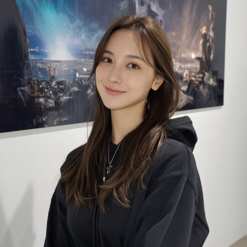 A young woman with long brown hair smiles gently at the camera. She's wearing a black hoodie and a delicate necklace.  The background features a large, dramatic artwork depicting a fantastical, possibly post-apocalyptic, landscape.  The overall mood is calm and serene, contrasting the intensity of the painting.