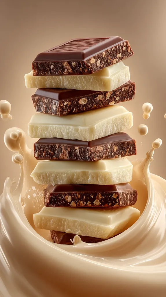 A stack of milk chocolate and dark chocolate squares, interspersed with layers of crunchy bits, is dramatically splashed with creamy, light-brown liquid.  The chocolates are artfully arranged, creating a visually appealing contrast between the smooth chocolate and the textured inclusions. The overall image evokes a sense of richness and indulgence.
