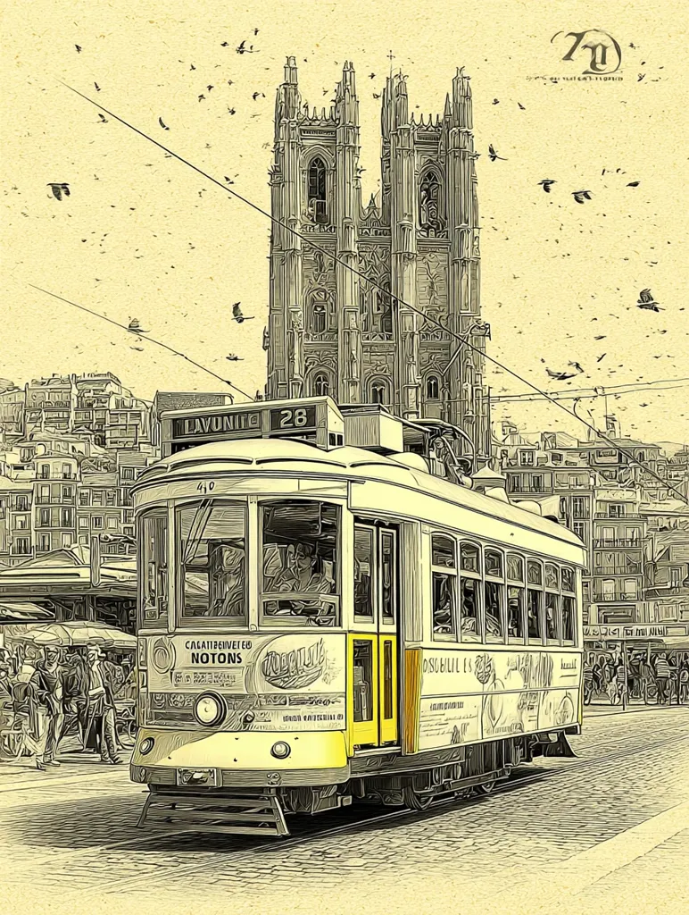 A sepia-toned illustration depicts a vintage tram, number 410, traveling along a cobblestone street.  The tram, displaying advertisements, passes in front of a grand cathedral with gothic architecture.  Birds fly overhead against a pale sky.  The scene is detailed, suggestive of a European city, possibly Porto, Portugal.  People are visible in the background, adding to the bustling street scene.