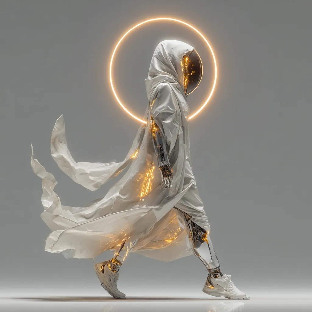 A futuristic figure, cloaked in flowing white fabric, strides forward.  Its robotic limbs, glowing with internal light, are subtly revealed beneath the garment.  A halo of warm light encircles the figure's head, creating a surreal and ethereal atmosphere. The overall aesthetic blends elements of science fiction and spirituality.  The image is rendered in a hyperrealistic style, showcasing intricate details in both the clothing and the robotic components.