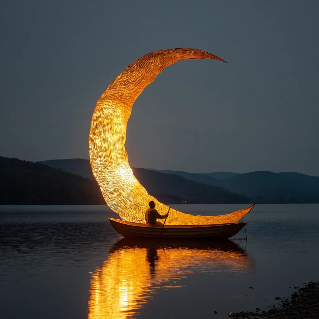 A person rows a small boat across a calm lake at twilight.  The boat is uniquely shaped like a crescent moon, illuminated from within with a warm, golden light.  The glowing moon-boat contrasts beautifully against the dark silhouettes of distant hills and the tranquil water, creating a surreal and magical scene.