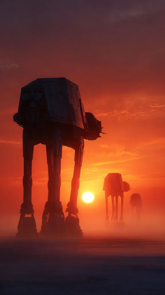 Silhouetted AT-AT walkers traverse a desolate landscape at sunset.  The largest walker dominates the foreground, with two smaller ones visible in the distance, disappearing into a hazy orange glow. The setting sun casts a fiery red hue across the sky, creating a dramatic and evocative scene reminiscent of a science fiction film. The overall atmosphere is one of mystery and impending action.
