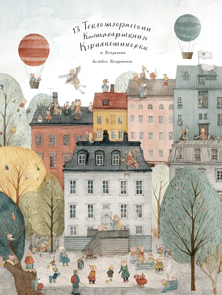 A charming watercolor illustration depicts a whimsical town scene.  Children play in a town square surrounded by quaint buildings. Hot air balloons float overhead, adding a touch of magic.  The style is reminiscent of children's book illustration, with soft colors and endearing characters.  Trees in autumnal hues frame the scene, creating a cozy atmosphere.  The overall impression is one of peaceful joy and gentle whimsy.