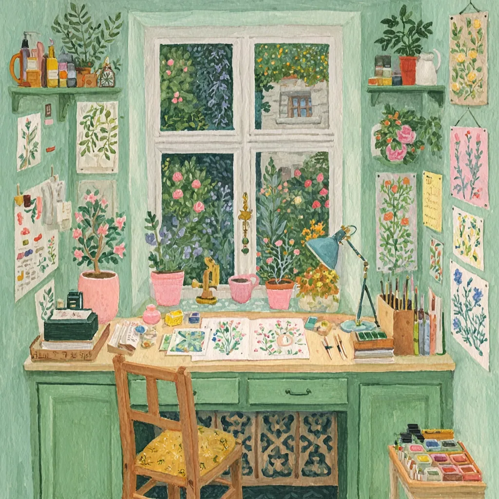A mint green artist's studio bathed in natural light from a large window overlooking a blooming garden.  The desk is cluttered with art supplies, botanical illustrations, and potted plants.  Shelves display more plants, paints, and small objects.  The overall style is charming and whimsical, suggesting a peaceful and creative workspace.  A wooden chair with a yellow floral cushion sits at the desk.