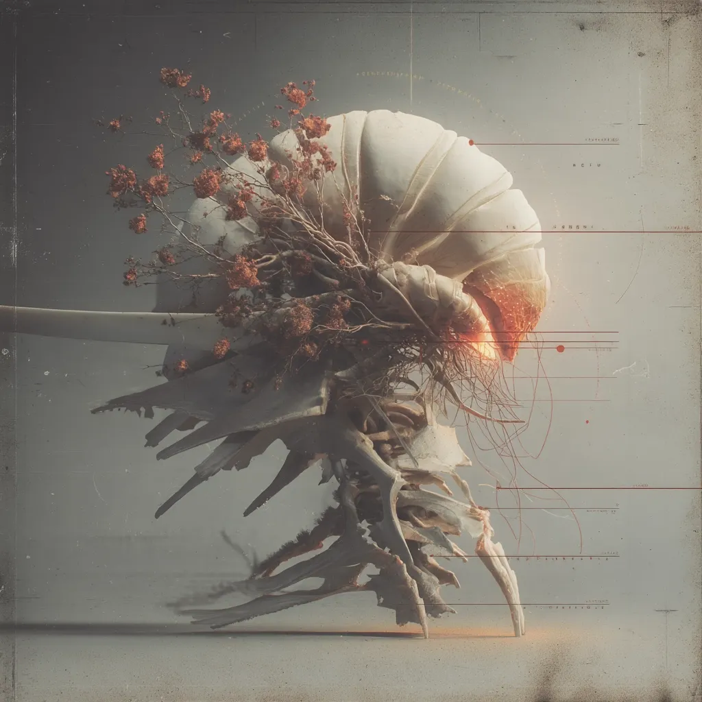 A surreal digital artwork depicts a skeletal structure resembling a nautilus shell adorned with dried, reddish-brown flowers.  The shell's interior glows with an orange light.  Thin, dark lines and indecipherable text overlay the image, creating a sense of scientific documentation or data analysis, contrasting with the organic, decaying flora. The overall mood is melancholic and mysterious, suggesting themes of mortality and transformation.