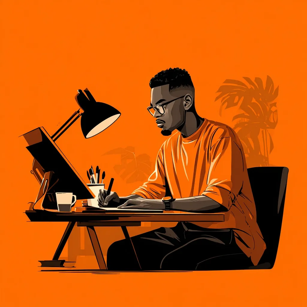 A stylized illustration depicts a dark-skinned man, wearing glasses and an orange long-sleeved shirt, seated at a desk. He's intently focused on his work, possibly drawing or sketching, illuminated by a desk lamp.  Art supplies are visible nearby, and the background features a muted orange hue with stylized palm tree silhouettes. The overall style is bold and graphic.