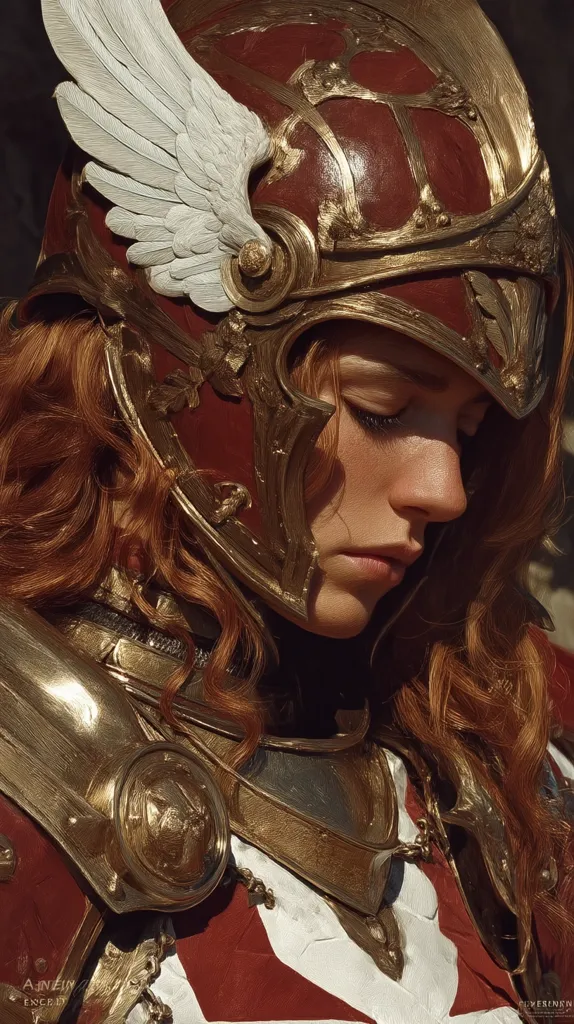 A female warrior, her face serene yet pensive, is depicted wearing an intricately designed helmet adorned with golden embellishments and white wings.  The helmet's rich red and gold tones contrast beautifully with her auburn hair cascading around her shoulders. Her armor, a matching shade of red and gold, is equally detailed, suggesting a powerful and regal character.  The image evokes a sense of strength and quiet contemplation.
