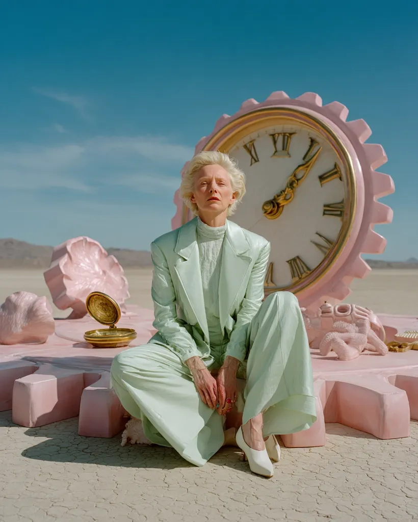 A woman in a mint green pantsuit sits before a large, pink clock mechanism in a desert landscape.  The surreal scene features sculptural, pastel-colored elements. The woman’s pose and the oversized clock suggest a contemplation of time. The overall aesthetic is dreamy and slightly unsettling.