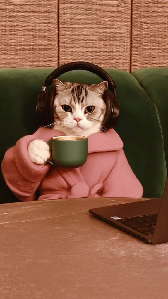 A gray and white cat, wearing black headphones and a pink robe, sits on a green couch.  It holds a small green mug, seemingly enjoying a warm drink. A laptop rests on a nearby table, suggesting a cozy work-from-home setup. The overall aesthetic is warm and inviting, with a vintage-toned filter applied to the image.