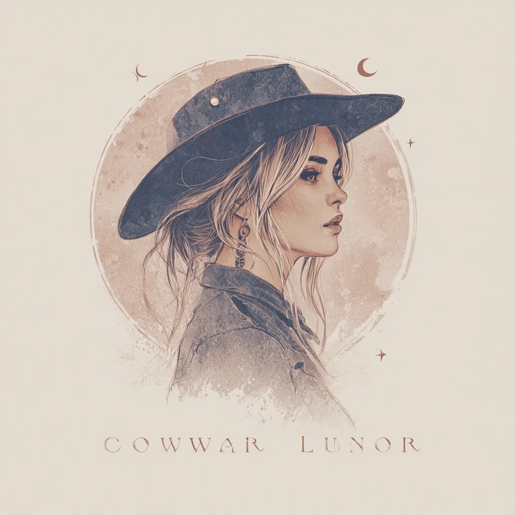 A stylized illustration features a woman in profile, wearing a wide-brimmed hat. Her blonde hair is swept back, and she has delicate earrings. The background is a soft, muted peach circle with celestial elements like moons and stars, creating a dreamy atmosphere. The words "COWWAR LUNOR" are subtly placed below the portrait.  The overall style is reminiscent of vintage album art or a fantasy character design.