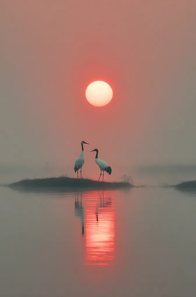 Two red-crowned cranes stand on a small island in a calm lake at sunset.  The large, orange sun is reflected in the still water, creating a serene and picturesque scene.  The soft, hazy atmosphere enhances the tranquil mood of the image.  The cranes' silhouettes are stark against the warm hues of the sky and water.