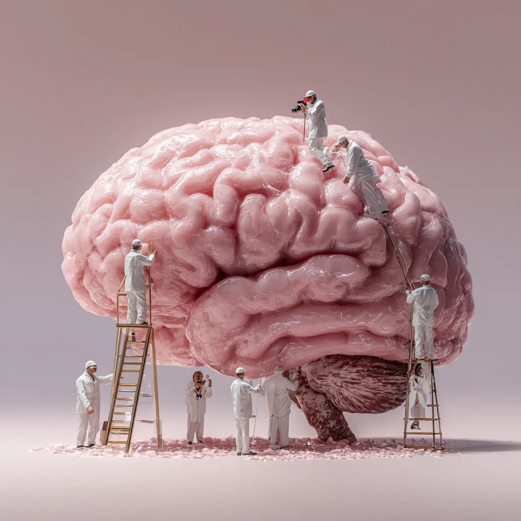 A large, pink model of a human brain is the central focus of the image.  Miniature figures, dressed in white, are working on and around the brain. Some are on ladders, appearing to paint or examine the brain's surface, while others stand below, seemingly observing or conducting research.  The overall scene suggests the study or exploration of the human mind.