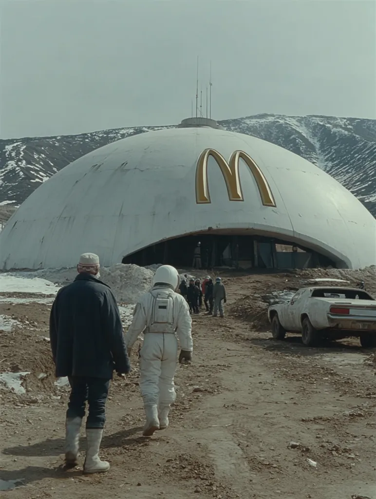 A desolate, snow-dusted landscape features a massive, dome-shaped McDonald's restaurant.  Two figures, one in a spacesuit and the other in civilian clothes, walk away from the building, toward a vintage car parked on the dirt road. A small group of people are visible near the entrance of the restaurant. The scene evokes a feeling of isolation and post-apocalyptic surrealism.