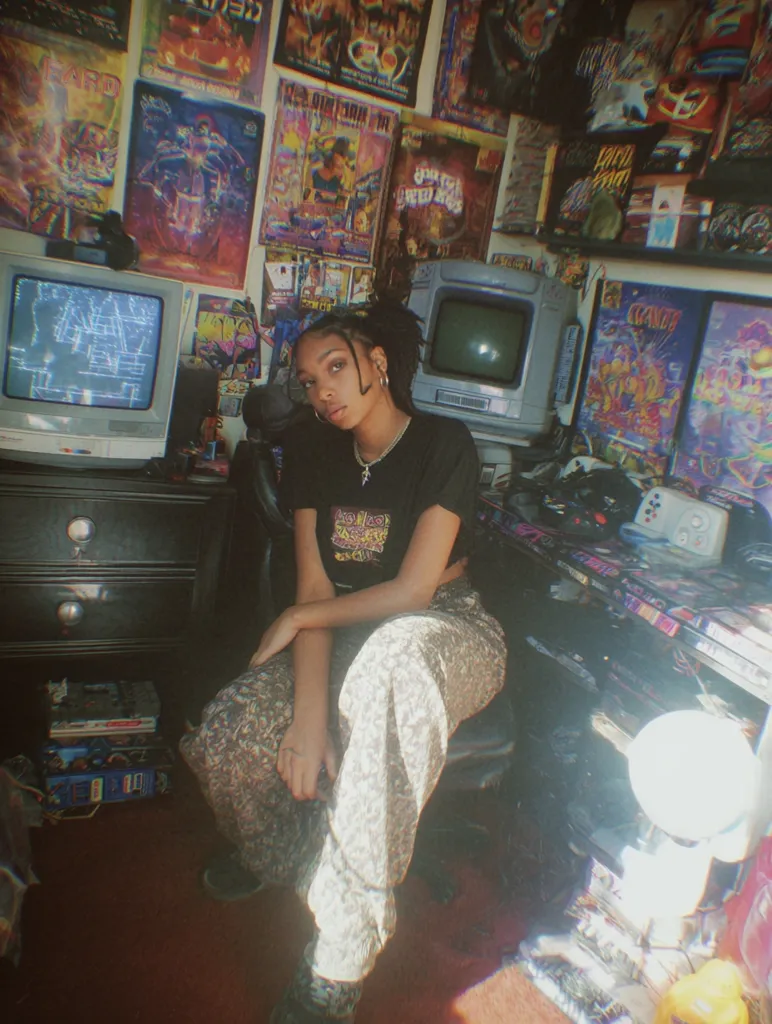 A young woman with dark hair sits in a chair amidst a vibrant, retro-themed room.  The walls are covered in posters and artwork featuring 90s-era video games and anime.  She wears patterned pants and a black t-shirt, and several CRT monitors and gaming consoles are visible.  The overall scene is nostalgic and playful, showcasing a strong sense of personal style and a passion for gaming culture.