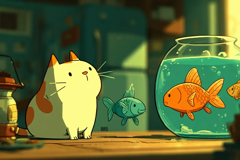 A cute, chubby cat with orange patches sits on a wooden surface, gazing at a fishbowl. Inside the bowl swims a large orange goldfish and a smaller one is visible in the background.  A teal fish swims nearby. The scene is bathed in warm, golden light, creating a peaceful and charming illustration.