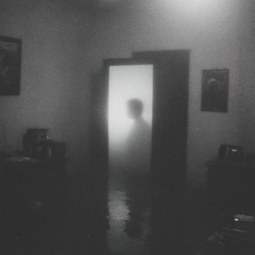 A grainy, black and white photograph depicts a dimly lit room.  A shadowy, indistinct figure is visible through a doorway, its features obscured by fog or mist. The room is sparsely furnished, with only a few pieces of furniture and framed pictures on the walls. The overall atmosphere is mysterious and somewhat unsettling.