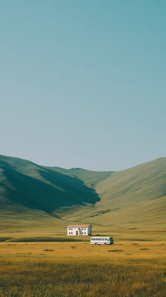 A serene landscape unfolds under a clear blue sky.  Rolling green hills gently slope down to a flat expanse of golden-yellow grass.  A solitary white house sits in the middle ground, with a light-colored bus parked nearby.  The scene is peaceful and isolated, evoking a sense of quietude and vastness.