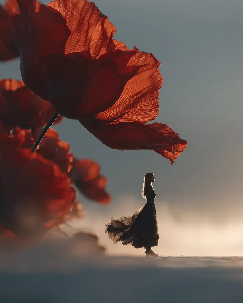 A silhouetted woman in a flowing black gown stands in a misty landscape, dwarfed by an enormous, vibrant red poppy. The poppy's petals overhang her, creating a dramatic contrast between the delicate figure and the powerful bloom.  The soft light suggests either dawn or dusk, enhancing the ethereal and dreamlike quality of the scene.
