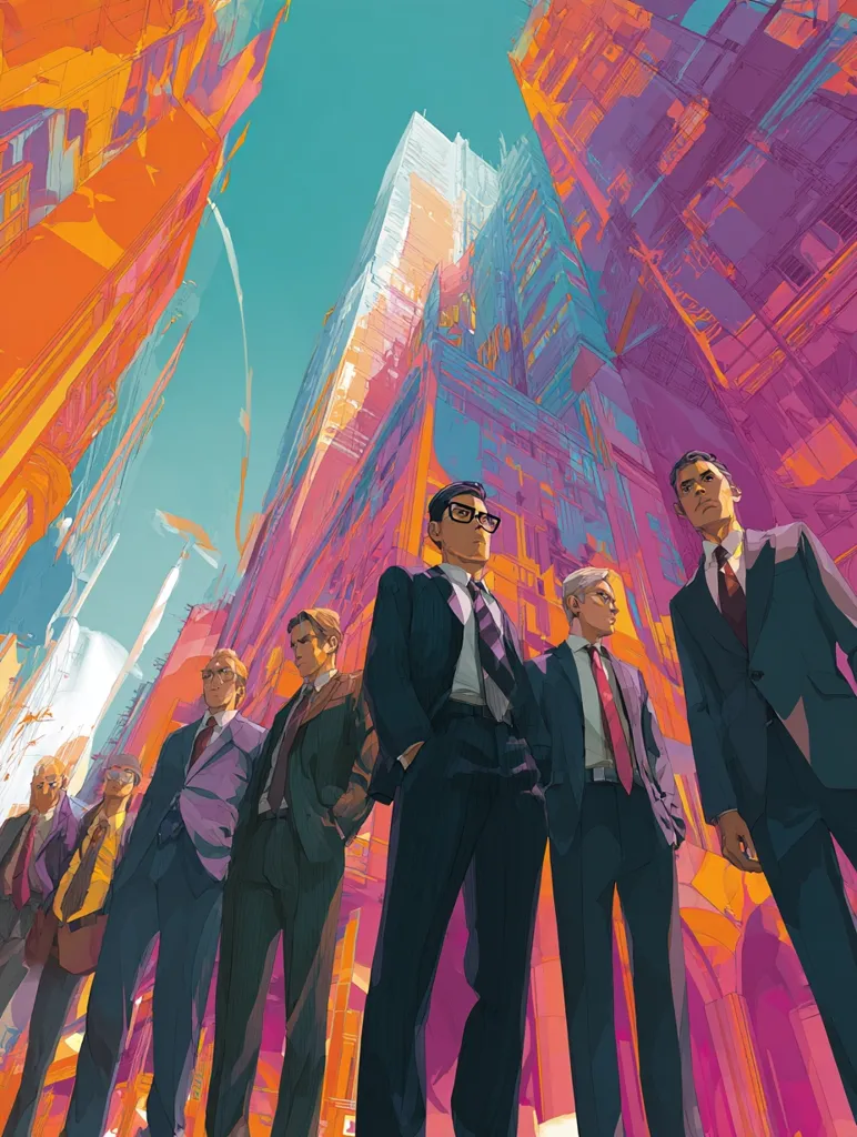 A stylized illustration depicts a group of men in suits standing against a vibrant backdrop of abstract, towering city buildings.  The architecture is rendered in bold, contrasting hues of orange, purple, and teal, creating a dynamic and almost surreal urban landscape. The men, sharply dressed in dark suits, are viewed from a low angle, emphasizing their imposing presence within this exaggerated cityscape. The overall style is reminiscent of modern graphic art and comic book aesthetics.