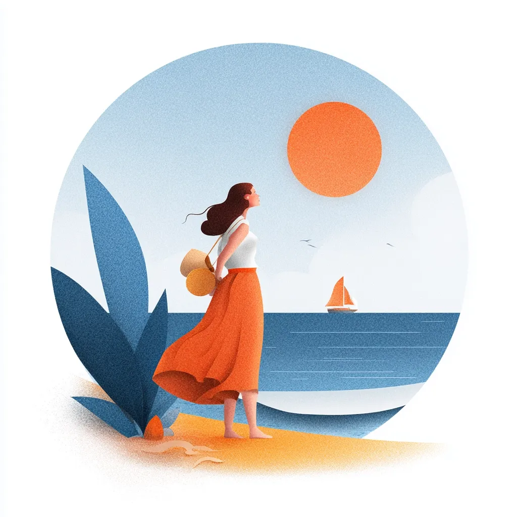 A stylized illustration depicts a woman standing on a beach, gazing at a calm sea under a large, orange sun.  She wears a flowing orange skirt and carries a bag.  A small sailboat is visible on the horizon.  The scene is framed in a circle, with textured elements suggesting sand, water, and sky. The overall mood is peaceful and contemplative.