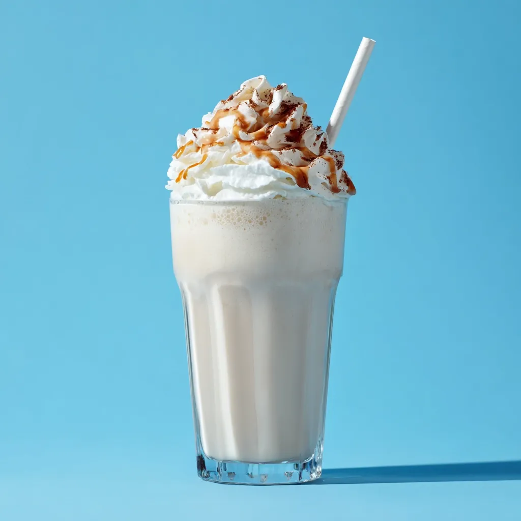 A creamy milkshake in a tall glass is topped with whipped cream, caramel sauce, and a sprinkle of chocolate.  A white straw is inserted into the drink. The milkshake sits against a bright blue background, casting a slight shadow. The image is well-lit and highlights the textures of the dessert.