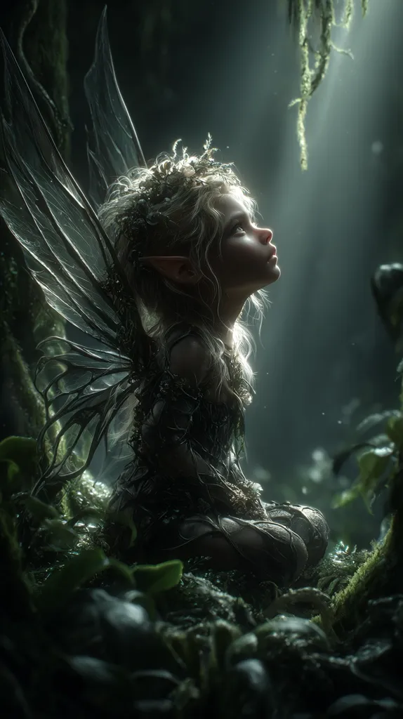 A digital painting of a dark fairy.  She has large, intricate, dark gray wings and wears a dark, mossy-looking dress.  Her blonde hair is crowned with flowers.  She sits amidst lush, dark green foliage, her face tilted upwards in a contemplative pose, bathed in a single beam of light. The overall atmosphere is mystical and ethereal.