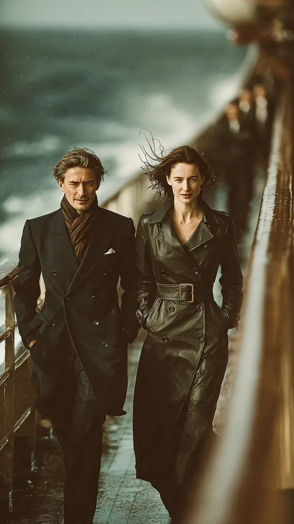 A stylish couple strolls along the deck of a ship, the wind whipping through their hair.  He's in a dark double-breasted coat and a brown scarf, she's in a belted black leather trench coat. The stormy sea and blurred background suggest a journey.  Their elegant attire and composed expressions hint at a sense of mystery and adventure. The overall mood is sophisticated and cinematic.