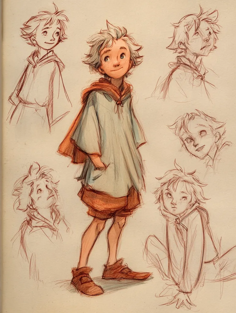 A charming collection of character sketches depicts a young boy with light hair, wearing a loose tunic and shorts.  Multiple angles and expressions are shown, from a pensive gaze to a cheerful upward glance. The style is loose and expressive, using colored pencil to suggest form and texture. The overall feel is whimsical and slightly nostalgic.