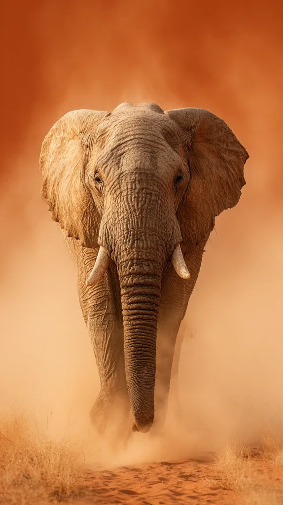 A large African elephant powerfully strides across a red sandy landscape, kicking up dust around its legs.  The elephant's wrinkled skin and large ears are prominently featured. The background is a hazy orange, creating a dramatic and evocative image of the animal in its natural habitat. The focus is sharply on the elephant, emphasizing its imposing presence.