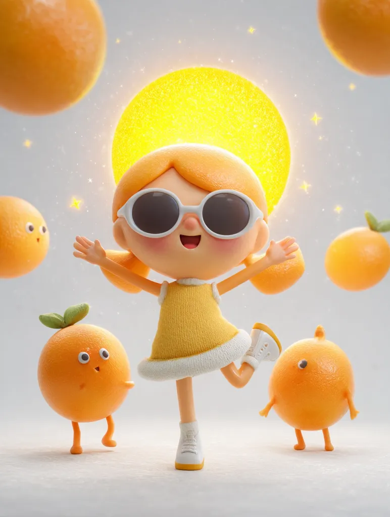 A cheerful, cartoon girl with blonde hair and sunglasses stands on one leg, surrounded by playful orange characters.  She wears a yellow dress and white skates.  A bright sun-like glow is behind her. The overall style is cute and 3D-rendered, evoking a joyful and sunny atmosphere.  Smaller orange characters with expressive faces add to the scene's whimsical charm.