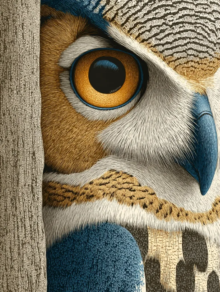 A close-up illustration depicts the eye and facial feathers of a great horned owl.  The detail is exquisite, showcasing the intricate texture of the feathers in shades of brown, tan, and blue.  The owl's piercing yellow eye is sharply focused, while the surrounding feathers appear soft and fluffy.  A portion of a tree trunk is visible in the background, adding depth to the image.