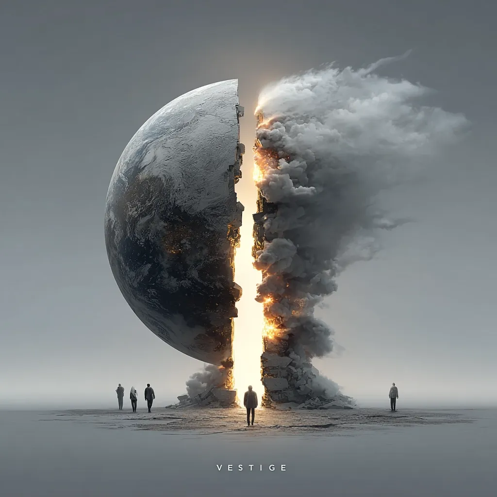A digital artwork titled “Vestige” depicts a cracked, globe-like planet, split down the middle, revealing a fiery, smoky chasm.  Small, silhouetted figures stand before this immense, apocalyptic scene, suggesting a sense of scale and profound loss. The overall mood is one of desolation and the lingering aftermath of a cataclysmic event. The title emphasizes the remaining fragment of a once-whole world.