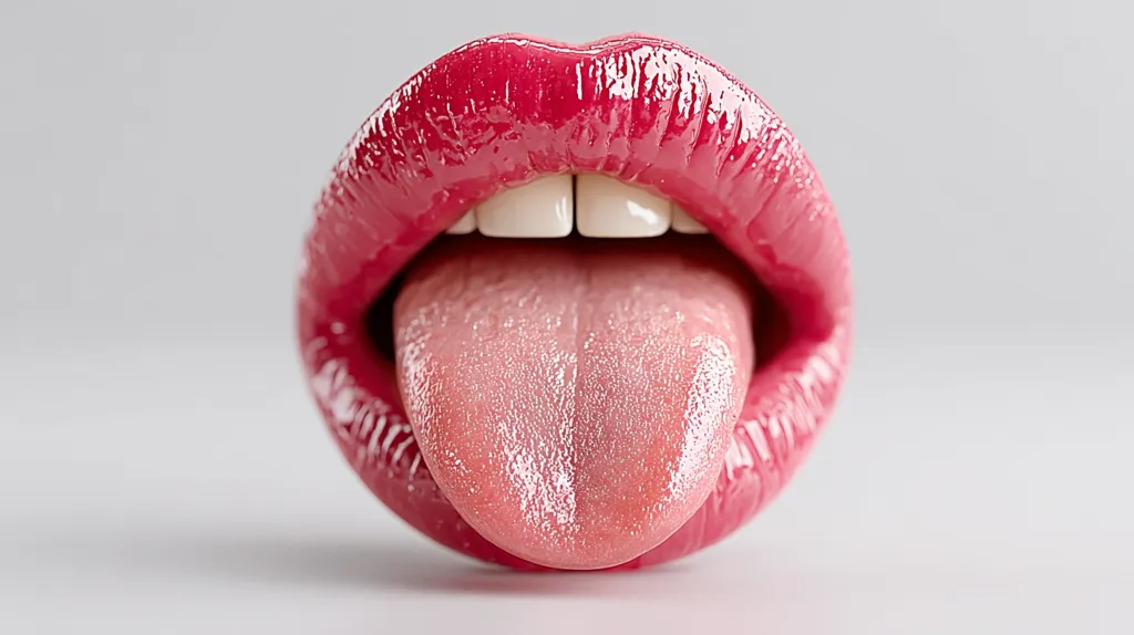 A close-up shot reveals a pair of luscious, full lips painted a vibrant pink with glossy lipstick.  The mouth is slightly open, showcasing a tongue extending outwards. The teeth are straight and white, contrasting beautifully with the rich pink of the lips. The overall image is striking and highly saturated.