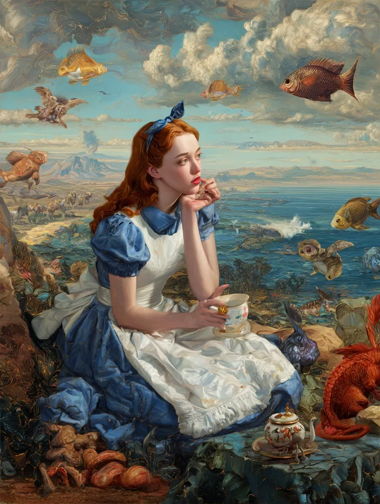 A young woman, reminiscent of Alice in Wonderland, sits by the sea, gazing pensively at a surreal landscape.  Flying fish and fantastical creatures populate the sky and shore. She holds a teacup, dressed in a blue and white dress, surrounded by mushrooms and a teapot. The painting blends realism with dreamlike elements, creating a whimsical and enchanting scene.