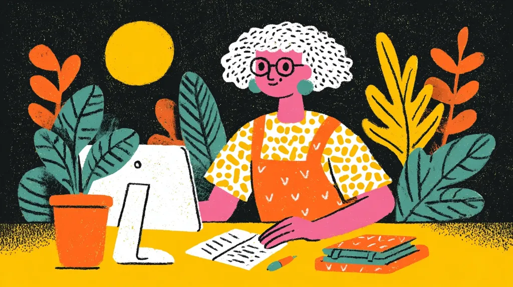 A stylized illustration depicts a person with short, curly white hair and glasses sitting at a desk. They are wearing an orange jumpsuit with yellow polka dots and are working at a computer.  The desk is surrounded by vibrant potted plants, creating a lively and colorful scene.  The background is dark, with a large yellow circle resembling a sun or moon. The overall style is bold, graphic, and slightly textured.