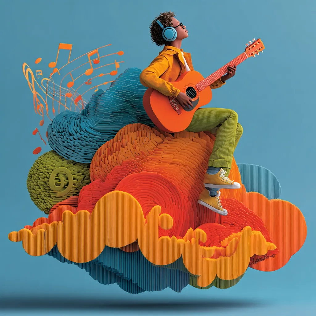 A young person with headphones sits on a vibrant, textured cloud formation, playing an acoustic guitar.  The cloud is a blend of warm and cool colors, resembling stylized musical notes.  Musical notes swirl around them, creating a dynamic and joyful scene suggesting creativity, music, and imagination. The overall style is playful and three-dimensional.