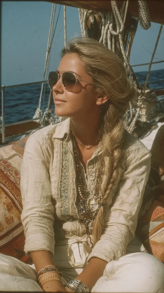 A young woman with long blonde hair braided down her back sits on a sailboat, gazing out at the ocean. She wears aviator sunglasses, a cream-colored embroidered shirt, and multiple necklaces.  The sun shines brightly, and the sea is a deep blue.  She is adorned with bracelets on her wrists, and the overall image evokes a feeling of carefree bohemian elegance.