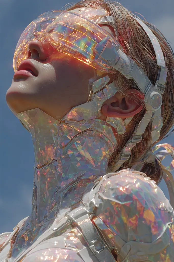 A digital rendering showcases a woman adorned in iridescent, futuristic armor.  Her head is tilted back, gazing upwards, and she wears translucent goggles that reflect vibrant colors. The armor's shimmering, multifaceted surface captures and refracts light, creating a striking contrast against a clear blue sky. The overall aesthetic is one of science fiction and ethereal beauty.