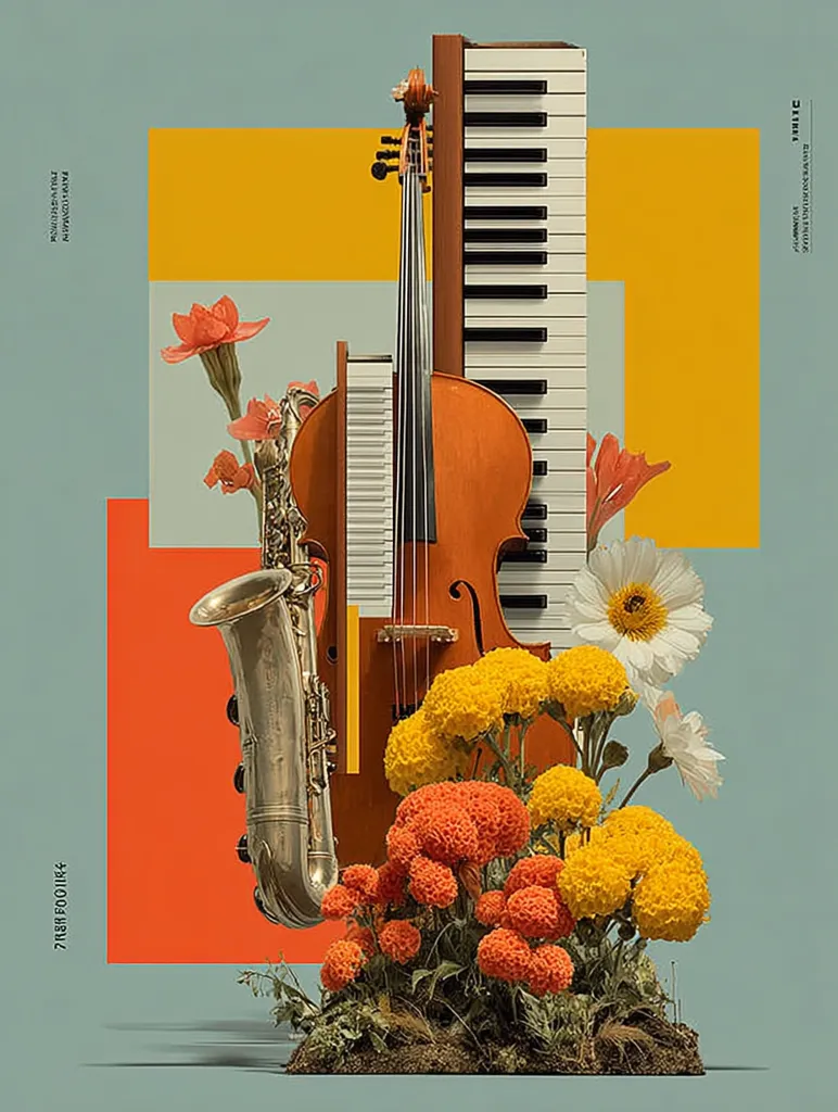 A vibrant collage features a cello, saxophone, and keyboard, positioned against a backdrop of bold geometric shapes in orange and yellow.  Lush marigolds and other wildflowers sprout from the base, adding a touch of nature to the musical instruments. The overall aesthetic is retro and modern, creating a visually striking image.